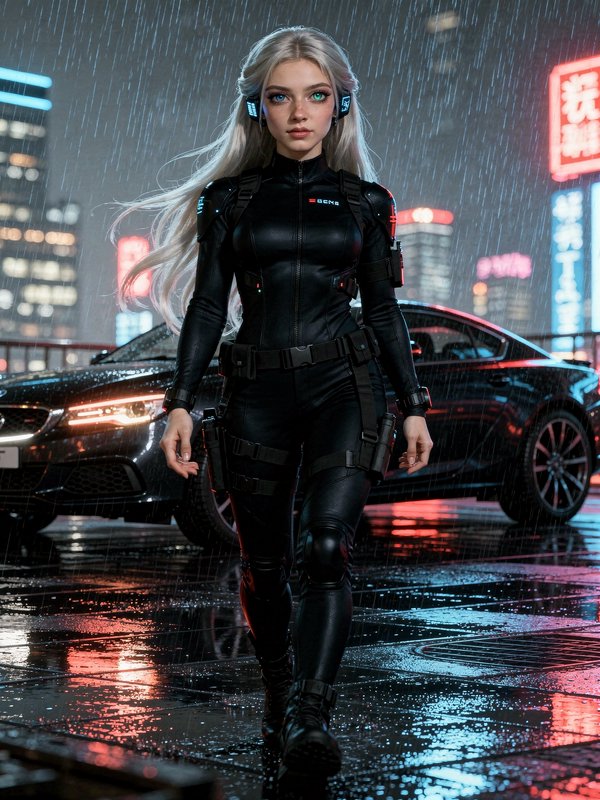 Woman in a black tactical suit walks through a neon-lit, rainy city alley with a sports car in the background.