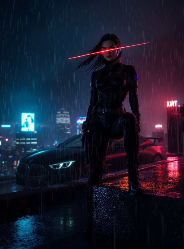 Night city rain superhero: woman in a black suit with a red laser across her eyes.