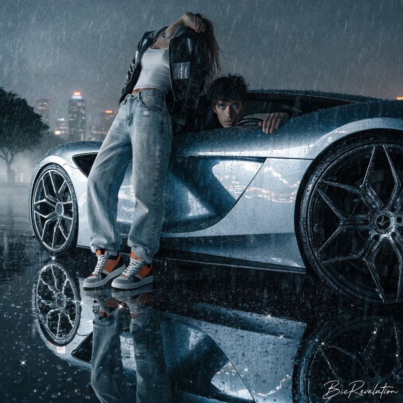 Two fashion-forward individuals with a rain-soaked sports car at night in an urban cityscape.