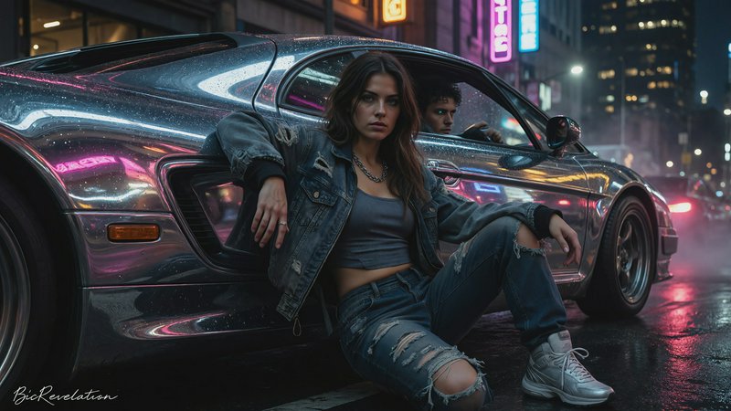 Young woman in denim sits beside a shiny sports car on a neon-lit city street at night.