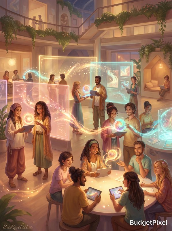 Create a warm, cinematic digital artwork representing an AI creator community feed: a beautiful shared creative space where diverse artists gather, sharing glowing artworks (images, light particles, creative energy) with each other in a supportive, inspiring atmosphere. Soft golden and colorful lighting, sense of connection, discovery, and creative joy. Ultra detailed, emotional, masterpiece digital art quality. In the lower-left corner, add subtle elegant calligraphy text “BicRevelation” positioned at golden-ratio offset approximately 2% from the left edge and 3% from the bottom edge, with font height exactly 0.02 (2%) of the total image height, rendered in semi-transparent white with 35% opacity, unobtrusive and artistically integrated.