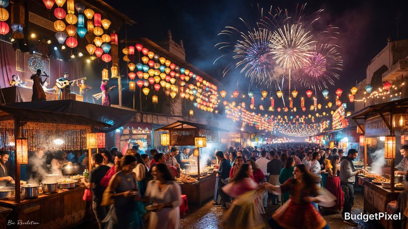 Cinematic, hyper-detailed 8K wide-angle scene of a breathtakingly vibrant Festival Night in a bustling magical street market after dark — low-angle, slightly wide lens (35mm equivalent) framing that captures a crowded street receding into the distance, cinematic composition, dynamic depth. Crowds of joyful people in a rich mix of colorful traditional and modern costumes, capturing a variety of ages and expressions: laughing, dancing, exchanging food, mid-twirl — motion blur on some performers to convey movement, crisp facial detail on foreground subjects. Hundreds of glowing paper lanterns in warm reds, golds, and soft blues hang overhead, casting warm rim light; volumetric light shafts and subtle haze catch lantern glow and drifting incense smoke. Busy food stalls line the street with steam and wisps rising from sizzling dishes, textured wooden counters, metal pots, hanging signs, and warm string lights; patrons eating and chatting, candid interactions. A small raised stage to one side with performers playing traditional instruments and graceful dancers in mid-performance, spotlighting that picks out fabric textures and beadwork. Spectacular fireworks burst in the deep night sky — multi-colored bursts and trails reflected on wet cobblestones below, which mirror the lanterns, string lights and fireworks in glassy, detailed reflections. Color palette: warm golden lanterns mixing with cool night blues and purples for contrast; rich saturated hues, high dynamic range, cinematic color grading. Textures and materials emphasized: wet cobblestones, glossy lacquered wood stalls, embroidered fabrics, metallic instrument surfaces, steam and smoke details. Photorealistic, ultra-detailed, masterpiece quality with fine-grain detail, realistic skin tones, natural bokeh in background lights, subtle filmic grain, high contrast and sharpness on focal subjects. Emotional, uplifting, magical atmosphere — lively, energetic, warm. Tiny handwritten signature reading "Bic Revelation" placed unobtrusively in the bottom-left corner, clean simple lettering, slightly embossed for clarity. --ar 16:9 --stylize 250 --v 5 --quality 2