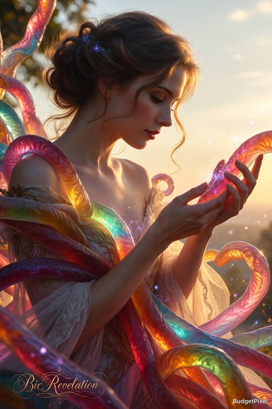 Ethereal fantasy woman gently holds glowing iridescent magical tendrils, lit by warm golden sunse...