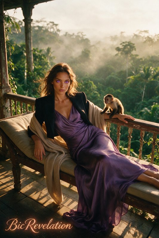 Elegant woman in purple satin gown reclines on a jungle veranda, a small capuchin monkey perched ...