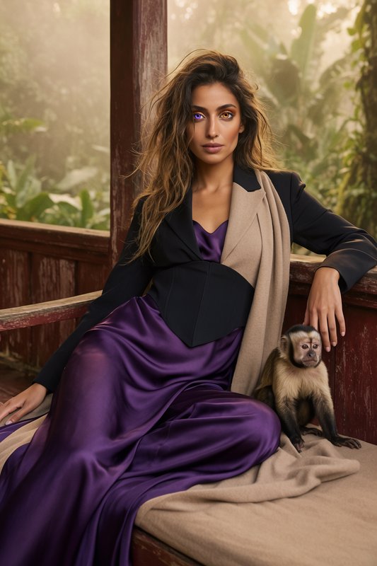 **Use Case Identified: Fashion/Lifestyle Photography**
**Concept Plan:**
A cinematic, Art Nouveau-influenced editorial fashion shoot set on a weathered mahogany jungle porch. The model exudes effortless aristocratic luxury, paired with a small monkey companion as a natural, editorial prop. The composition leverages the golden ratio with deliberate negative space, warm ethereal color grading, and a misty jungle backdrop. The shot is full-body, direct gaze, editorially poised with a warm golden-hour atmosphere bleeding through jungle mist.
---
**Model Prompt:**
A stunning woman of mixed Middle Eastern and Southern European heritage, early 30s, with a lean yet subtly curved silhouette and sun-kissed olive skin. Her hair falls in effortlessly undone waves, loose tousled strands catching the warm ambient light, slightly wind-touched with natural texture and a relaxed, untamed volume. Her most striking feature is biologically accurate sectoral heterochromia in both irises, where a deep violet-amethyst pigmentation bleeds organically into warm honey-brown within the same iris, rendered with precise anatomical realism, visible capillary detail, and luminous depth. Her expression is arresting and composed, eyes looking directly into the camera, gaze fully engaging the lens with quiet, commanding presence. Her makeup is understated and atmospheric, warm bronze on the lids echoing the golden light, soft nude-rose lips, barely-there contouring that reads as natural radiance rather than construction. She reclines in a poised, full-body lounge pose on a wide weathered mahogany porch railing and daybed, her posture simultaneously relaxed and fashion-forward, weight shifted elegantly, one arm resting with deliberate ease while her posture carries editorial intention. At her side, perched on the railing or nestled close against her, is a small monkey companion, capuchin or marmoset in scale, with bright curious eyes and naturalistic fur texture, looking outward or glancing toward her with genuine animal presence, not posed artificially.
**Outfit:**
Wearing a high-fashion Art Nouveau-inspired ensemble featuring a fluid, bias-cut amethyst silk gown or wide-leg silk trouser set with liquid drape and cinematic movement, structured onyx tailoring integrated as a fitted cropped blazer or corset-style overlay with clean architectural lines, beige cashmere accents appearing as a soft wrap, wide-lapel detail, or draped shoulder element, all three fabrics interacting with visual tension between fluid and structured, warm and cool, the silks catching and pooling the golden light while the cashmere holds soft diffused warmth, with what it looks best styled with, minimal aesthetic, looking put together, aesthetic lifestyle fashion photography, editorial yet effortless.
**Background Prompt:**
The setting is a wide weathered mahogany porch or colonial-style veranda elevated above a dense, misty jungle canopy. The emerald foliage extends deep into the mid and background, layers of tropical green dissolving into soft atmospheric mist and warm golden vapor where distant treetops meet diffused sky light. The porch itself shows honest aged wood grain, peeling paint on iron railings, climbing vines at the periphery, all contributing organic texture without cluttering the frame. Clean, simple, and uncluttered in composition despite the lush environmental context. The scene follows the golden ratio compositionally, with deliberate negative space to the right or upper frame, allowing the subjects to breathe within the depth of the jungle atmosphere. Lighting is golden hour with a warm ethereal glow, soft late-afternoon directionality coming from camera-left, casting long gentle warm shadows across the wooden porch floor, kissing the silk fabrics with amber light and illuminating the mist in the background with a luminous, diffused haze. The overall color grade is warm, cinematic, and ethereal, Kodak Portra 400 film quality, warm muted tones, grain-kissed, amethyst and emerald and warm gold as the dominant color story. In the extreme lower-left corner, the words "BicRevelation" appear in semi-transparent soft-glow golden copperplate calligraphy, seamlessly integrated into the atmospheric depth of the image as if etched into the light itself, glowing softly rather than stamped overtly. Shot on an 85mm portrait lens, full-body framing capturing the complete silhouette from head to foot, slight low-angle elevation to give the subject quiet power within the landscape. Aesthetic fashion photography, editorial yet effortless, cinematic lifestyle.