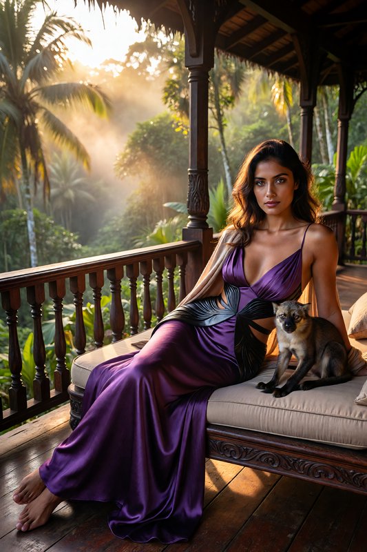 Elegant woman in purple silk gown sits beside a small wild cat on a carved tropical veranda at go...