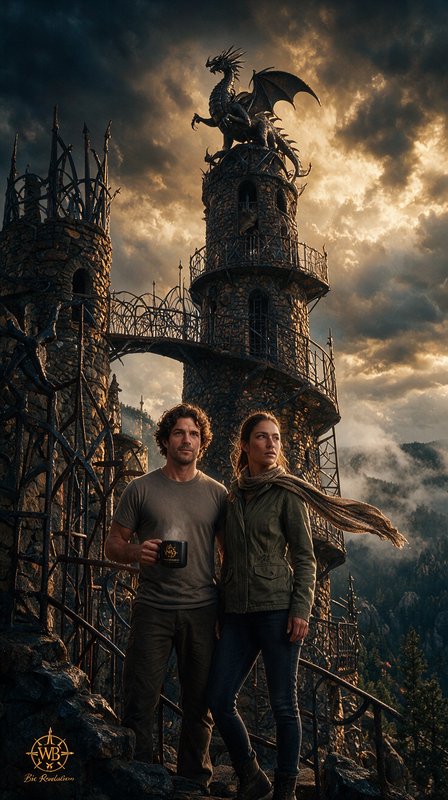 Adventurer couple stands before a dragon-topped fantasy stone tower under a dramatic golden storm...