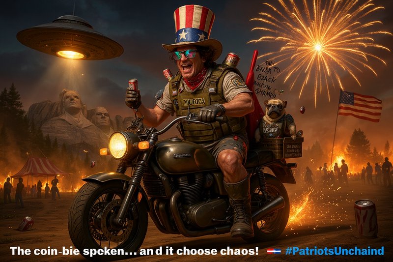 Satirical patriotic biker in an Uncle Sam hat rides a motorcycle with a pug companion, at a chaot...