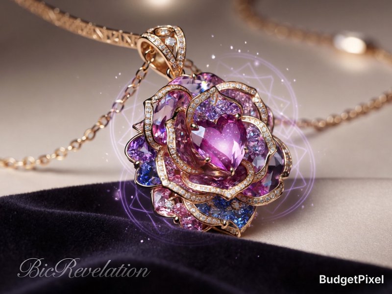 hyper-photorealistic luxury jewelry macro close-up, 8K ultra-detailed gemstone facets with realistic light refraction, prism sparkles and subsurface scattering, elegant premium fashion studio lighting with soft dramatic highlights, gentle rim lighting and bokeh background, high-end branding vibe. A stunning high-end necklace featuring a large intricate crystal rose pendant made of faceted amethyst, sapphire and rose quartz crystals in vibrant purple-pink-blue iridescent tones, delicate 18k gold filigree setting with tiny diamonds, the rose has a glowing luminous heart-shaped center with floating sparkling particles of light. Delicate gold chain with subtle sacred geometric engravings drapes elegantly on dark velvet. Shot on a luxurious neutral background with soft bokeh light orbs. The entire piece infused with glowing purple duality energy auras and sacred geometric mathematical patterns subtly etched into the gold filigree and refracting through the crystals, psychedelic revelation motifs and time-traveler glitches dancing as floating light particles. Moody yet luminous cinematic atmosphere, rich jewel tones and gold accents, National Geographic level detail mixed with high-fashion psychedelic art, ultra-realistic metal sheen, crystal sparkle and fabric texture. Include the subtle fancy calligraphy text “BicRevelation” in the lower-left corner at an offset 2.5% from edges, height exactly 0.02 of image height, semi-transparent and unobtrusive.