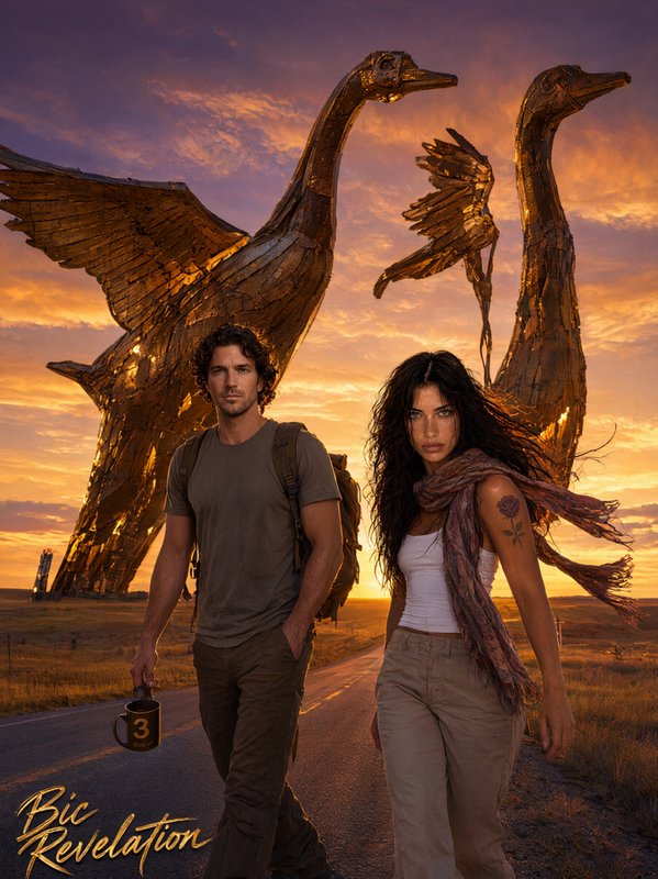 Cinematic fantasy poster of adventurer couple walking a desert road, giant golden metal swan sculptures behind them at