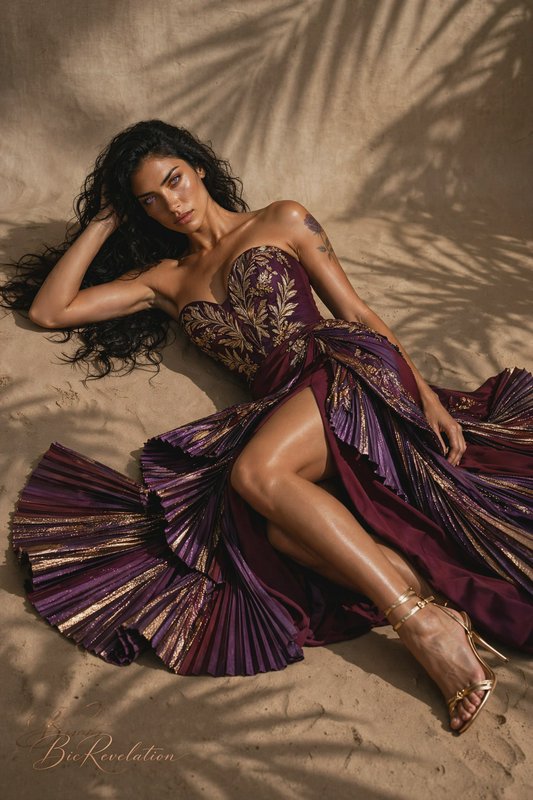 Glamorous model reclining on sand in an ornate plum and gold evening gown, with soft dappled palm...