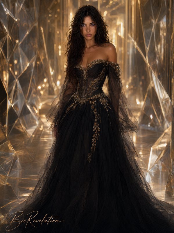 Model wears a dramatic off-the-shoulder black tulle gown with gold embroidery, standing in a glow...