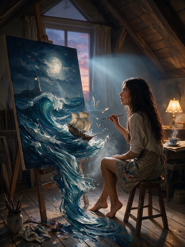 Surreal scene of a female artist painting as ocean waves flow off her seascape canvas into her su...