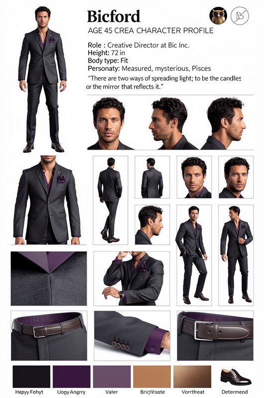 Fictional character reference sheet for Bicford, a professional creative director in a tailored d...