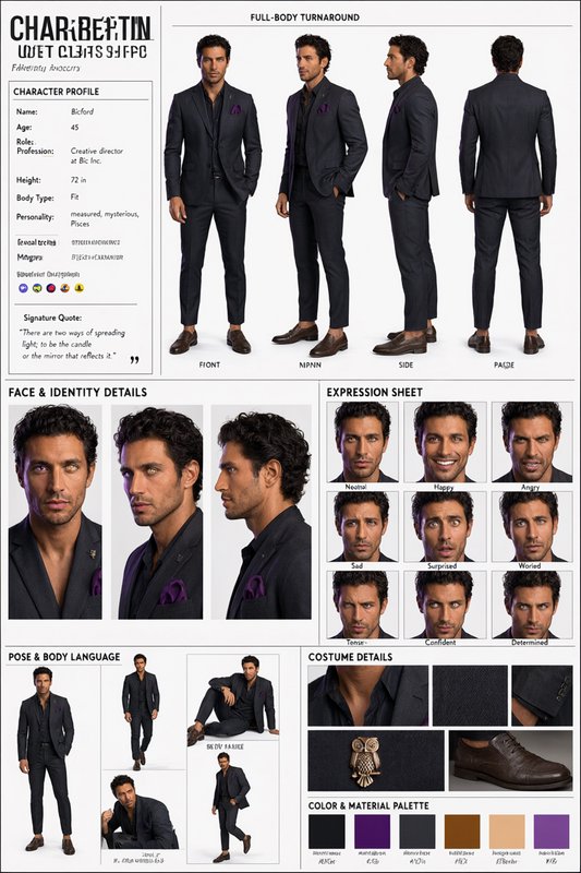 Male character reference sheet showing full body turnaround, facial expressions, and formal suit ...