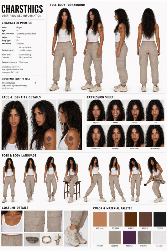 Full character reference sheet for a female athlete showing turnarounds, expressions, poses and o...