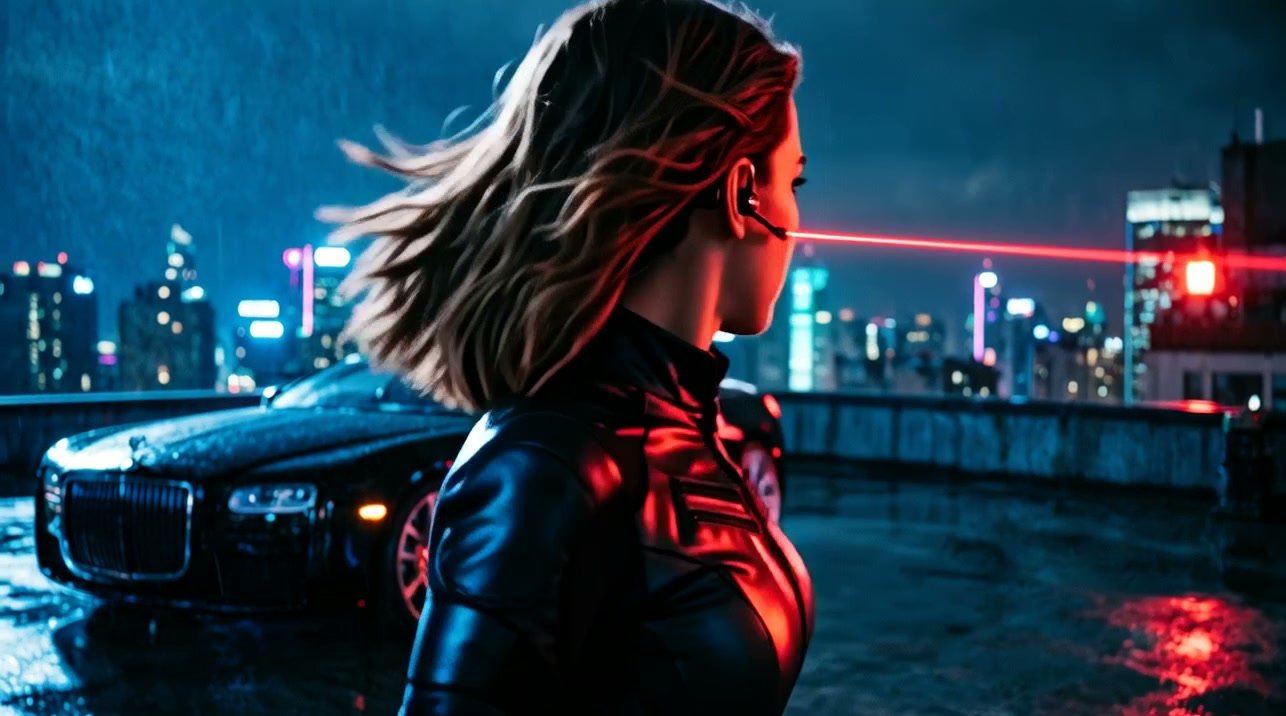 Woman in a black leather jacket on a rainy rooftop with a red laser beam across a neon city skyline.