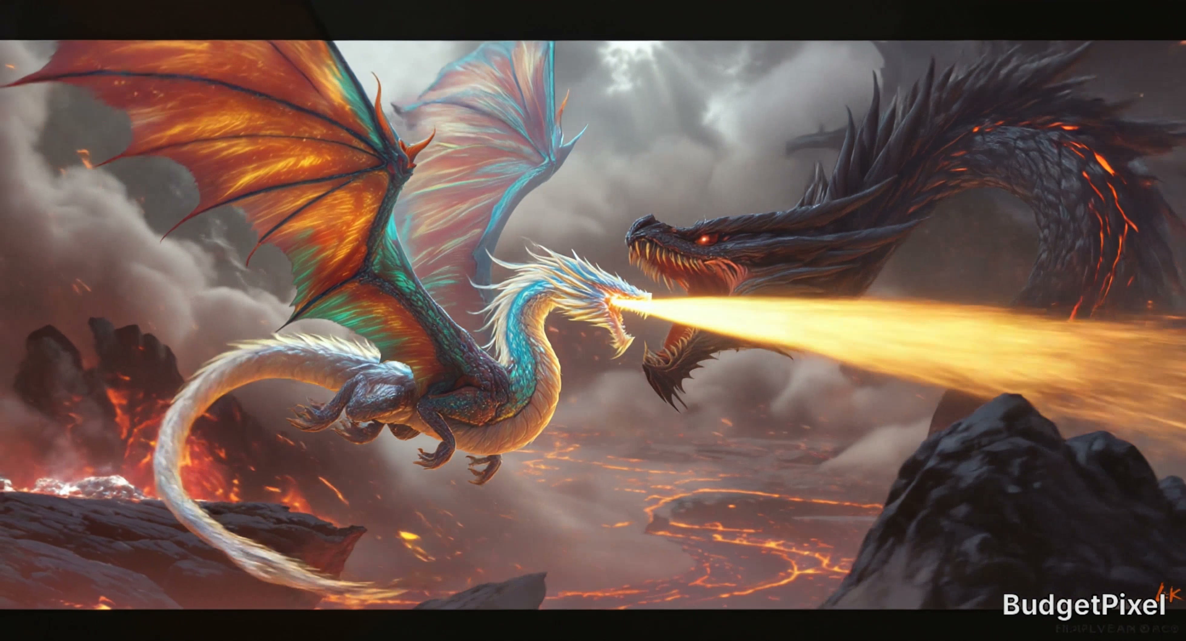Two fiery dragons clash in a molten volcanic landscape, spewing fire.