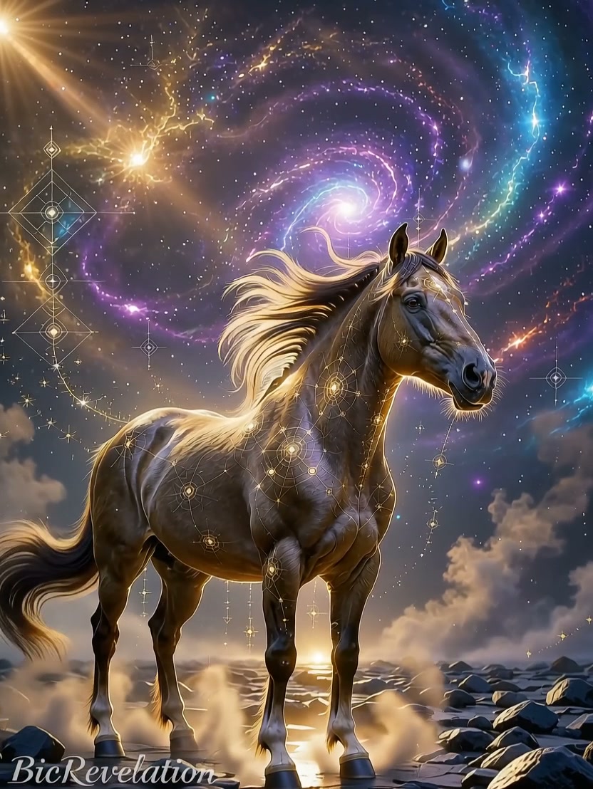 A majestic black horse stands on rocky ground under a swirling cosmic sky with golden and violet ...