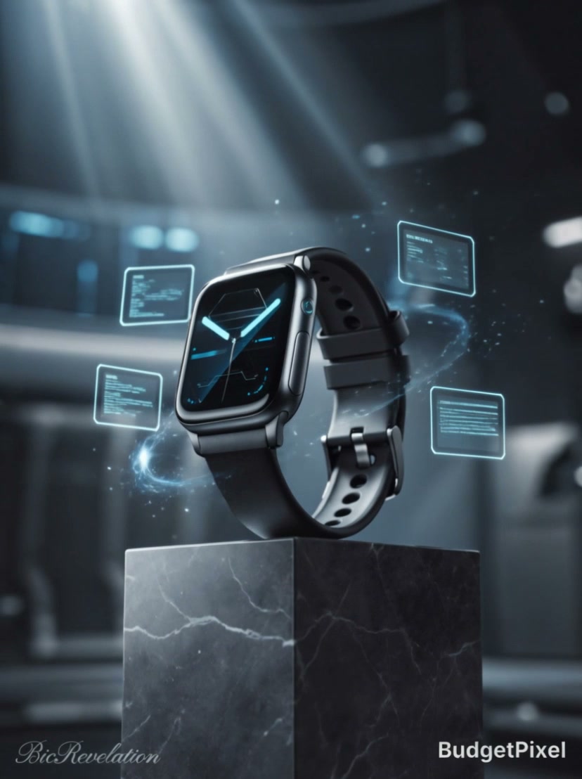 Futuristic smartwatch with black strap hovering on a marble pedestal amid holographic data panels.