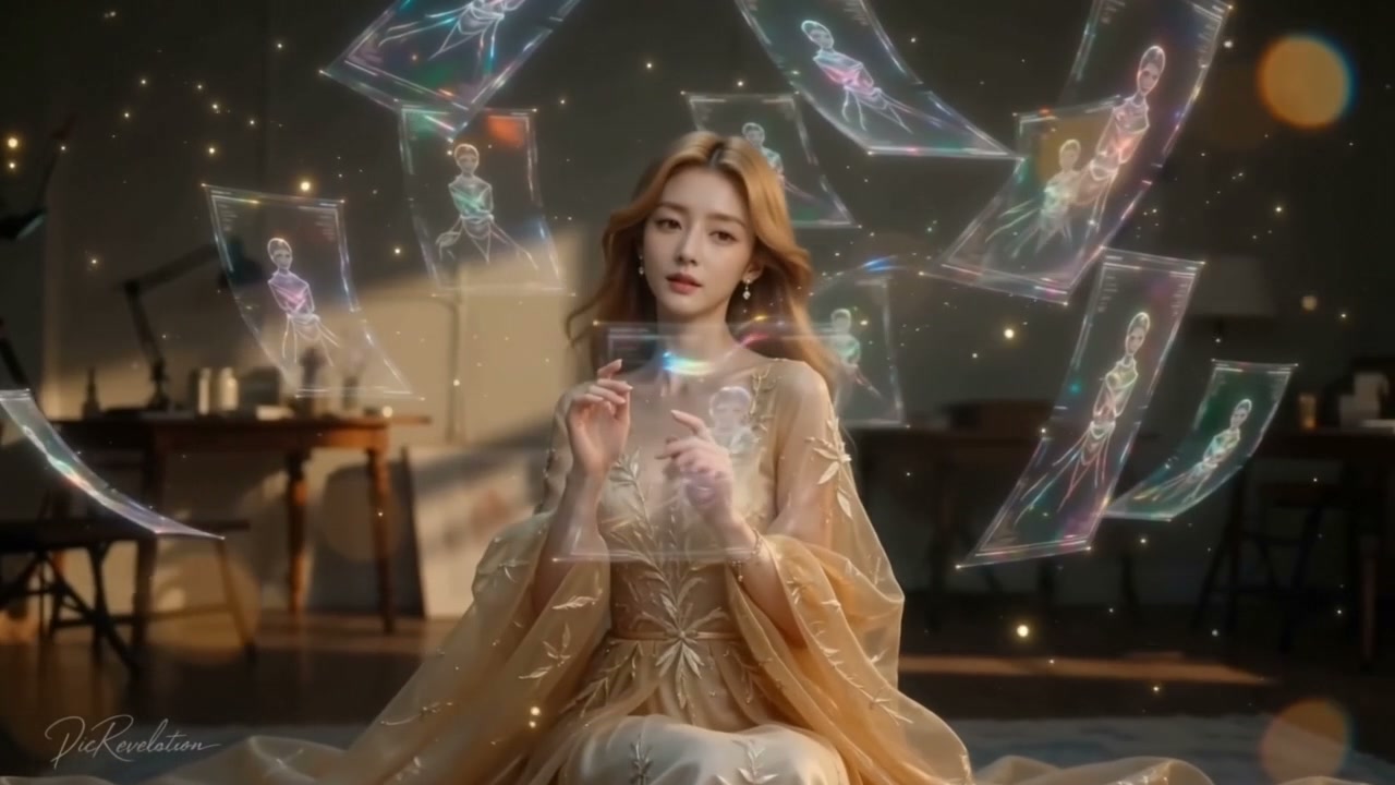 Elegant woman in embroidered gold gown interacts with floating holographic design screens in a wa...