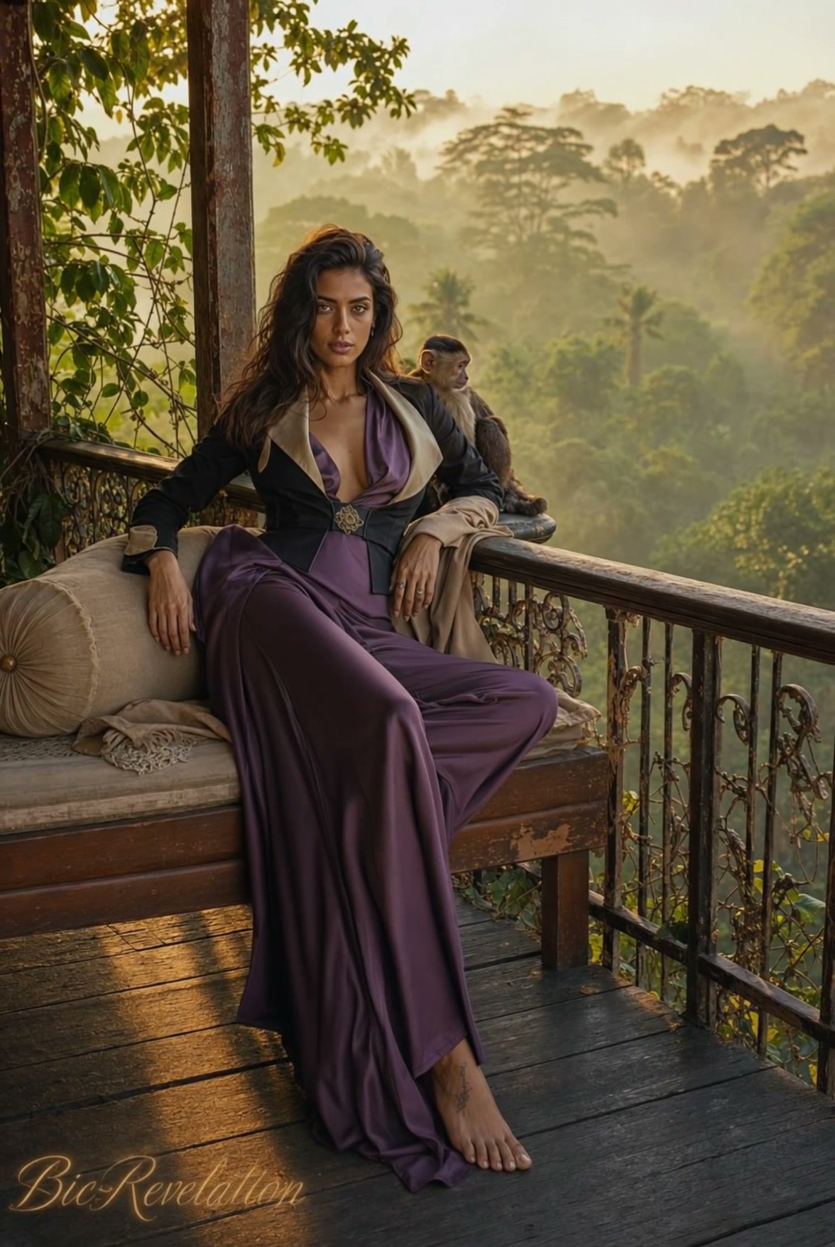 Elegant woman in a purple satin gown sits on an ornate jungle balcony, a small monkey perched nea...