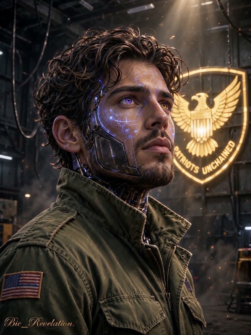 Cyborg soldier with glowing facial cybernetics, olive military jacket, stands in industrial hanga...