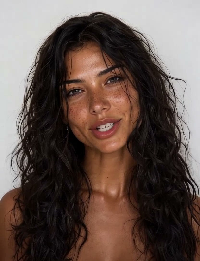 Close-up portrait of a woman with long wavy dark hair, freckled tanned skin, and a soft smile aga...