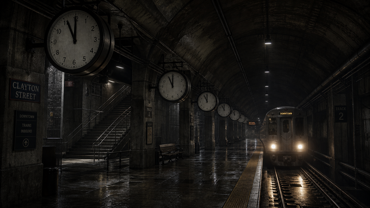 Row of synchronized hanging clocks lines a dark vintage subway station as a train approaches wet tracks