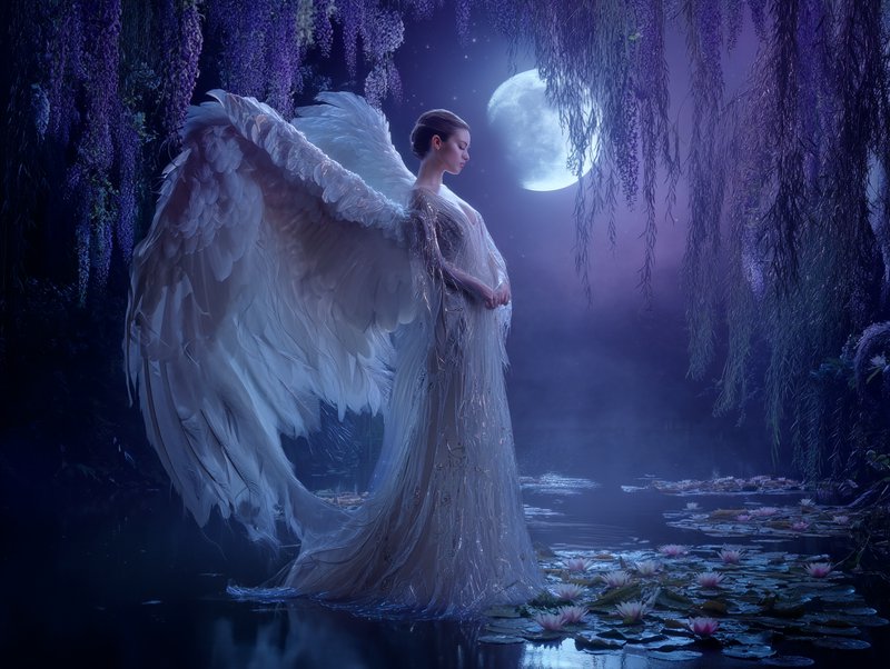 Angelic figure with large white wings standing by a moonlit pond among hanging purple blossoms.