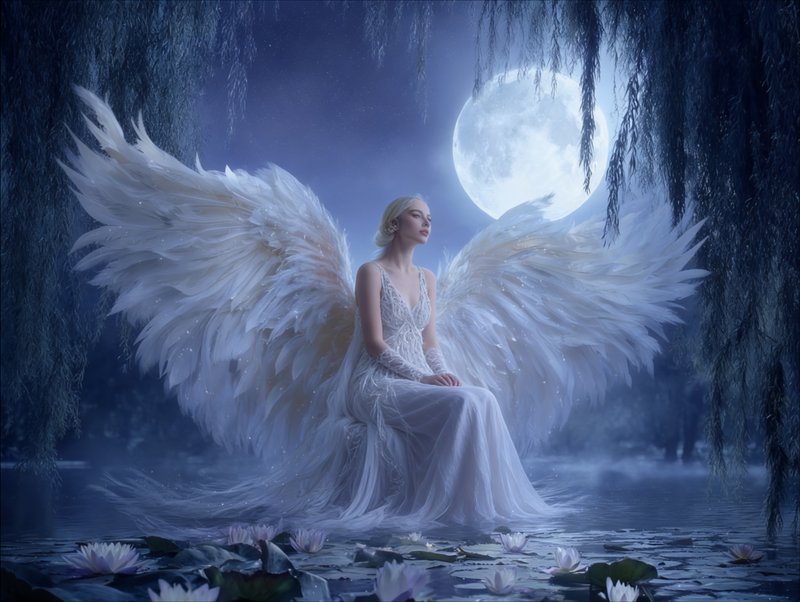 Angelic woman with large white wings seated on a moonlit pond at night.