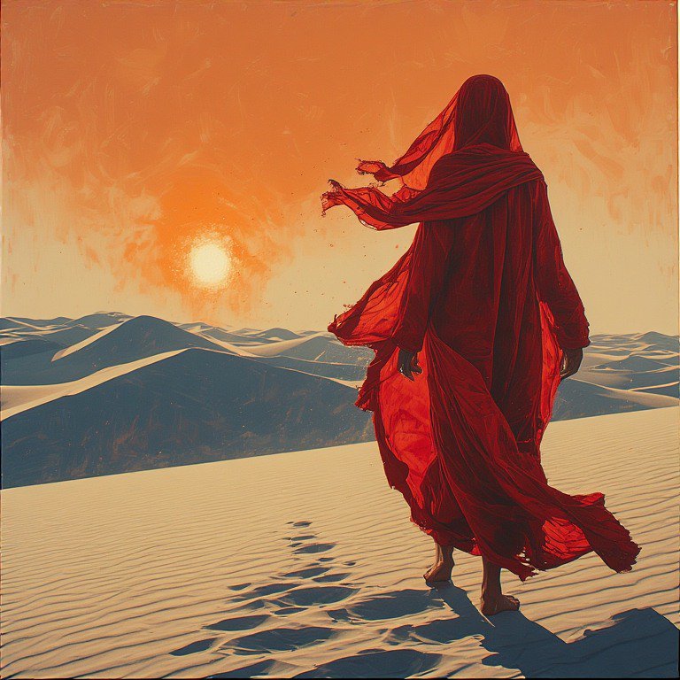 Woman in a flowing red cloak walking across desert dunes at sunset