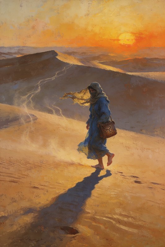 A solitary figure in a blue robe walks across sunlit desert dunes at sunset.