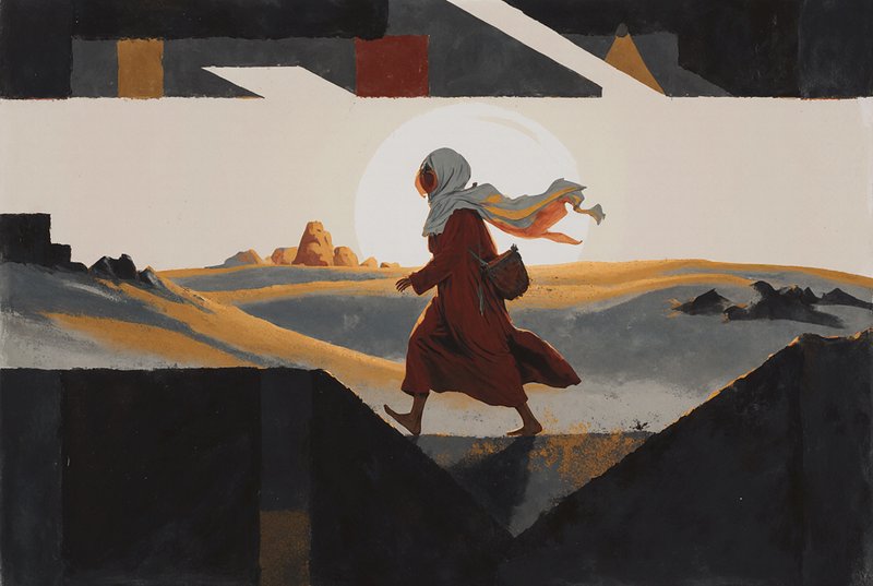 A person in a flowing red dress and white scarf walks across a desert landscape framed by dark ge...