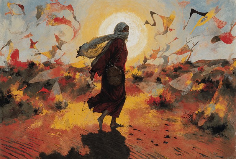 A woman in a headscarf walks through a fiery desert landscape as colorful kites fly in a bright s...