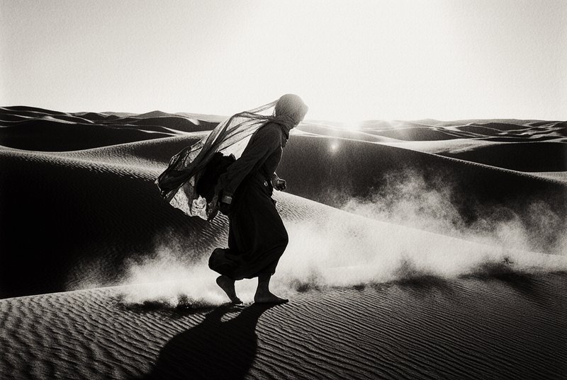Silhouetted traveler in flowing robes crosses wind-swept desert dunes in monochrome.