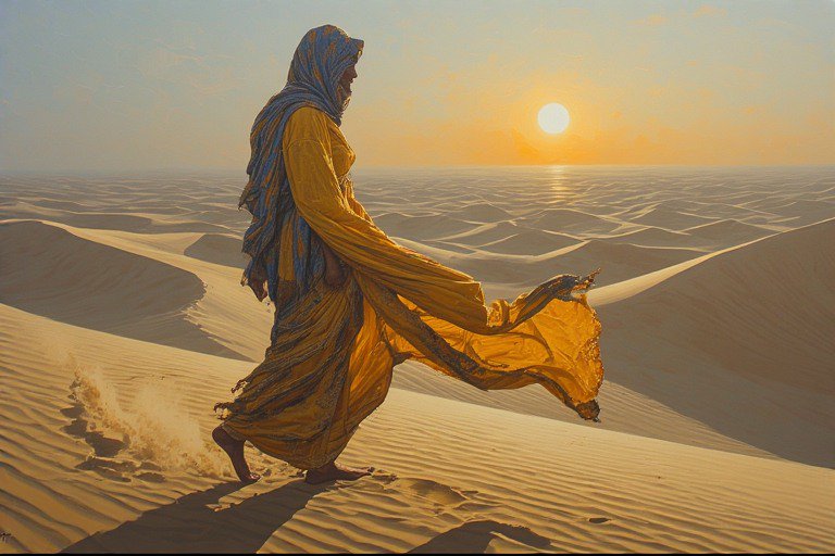Desert traveler in yellow robes with a blue scarf walking across dunes at sunset.