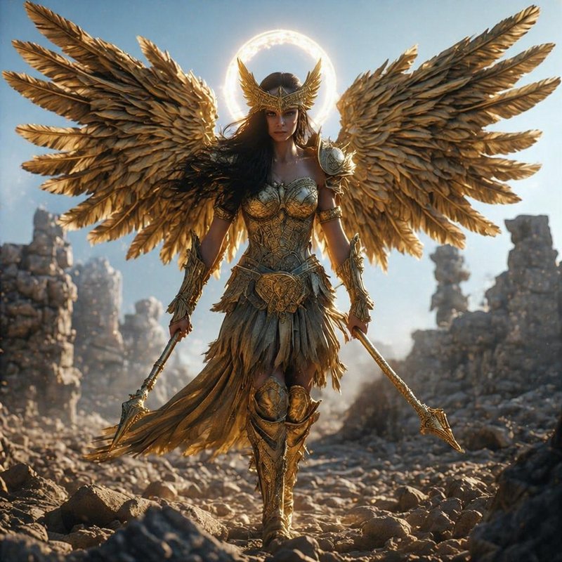 Winged golden-armored warrior woman standing amid rocky ruins with halo and ornate weapons.