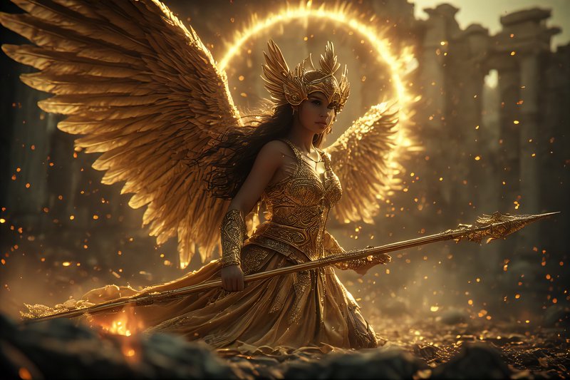 Golden-winged armored warrior with a radiant halo, wielding an ornate spear.