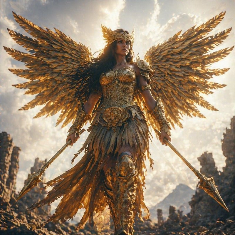 Golden-winged armored warrior goddess standing amid ruins with twin spears