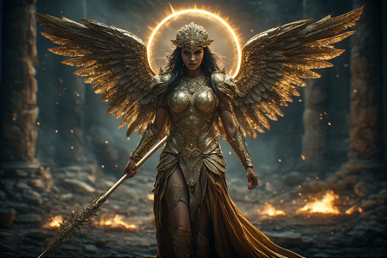 Fantasy armored female warrior with golden wings, halo ring, and ornate spear in a fiery ruined s...
