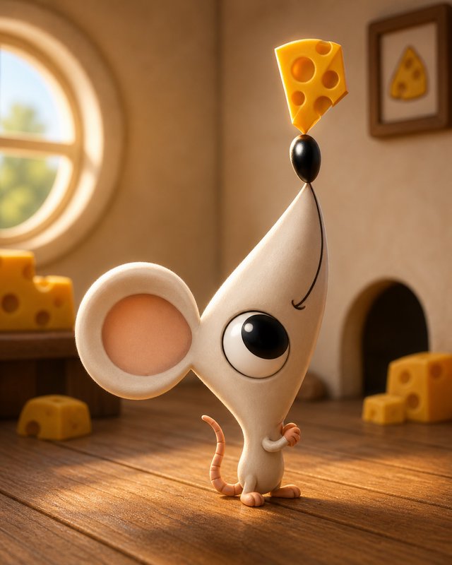 Cute claymation mouse balancing a cheese wedge on its head in a cozy cheese-themed room.