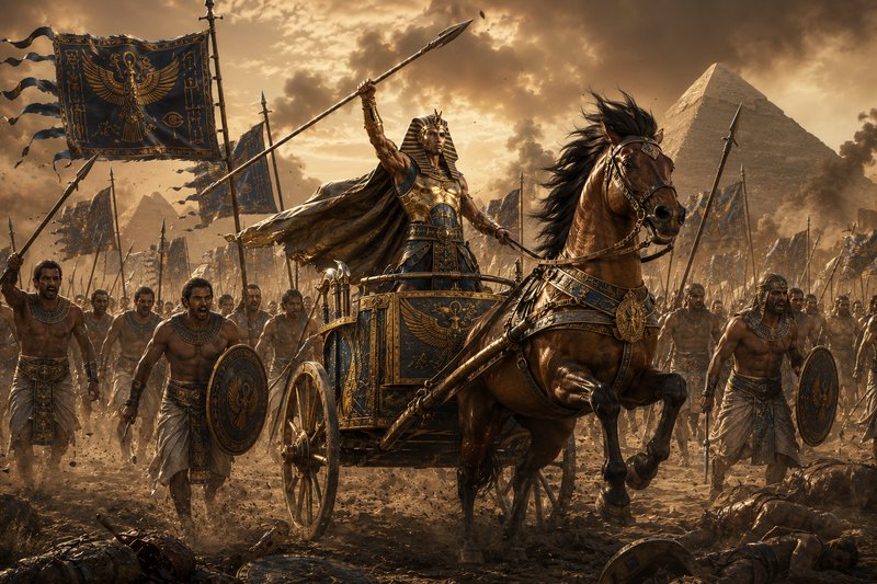 Majestic ancient Egyptian chariot leads a siege march with a pharaoh atop a decorated chariot.