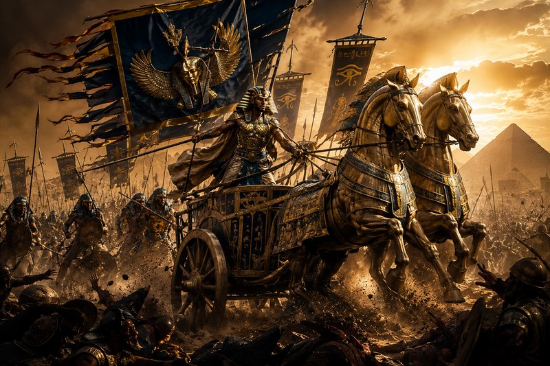 Ancient war scene with a regal chariot commander leading armored soldiers amid dust and banners.