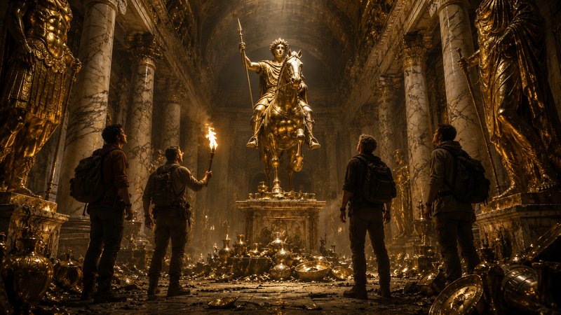 Adventurers in a gold-lit temple with a central equestrian statue surrounded by treasures.