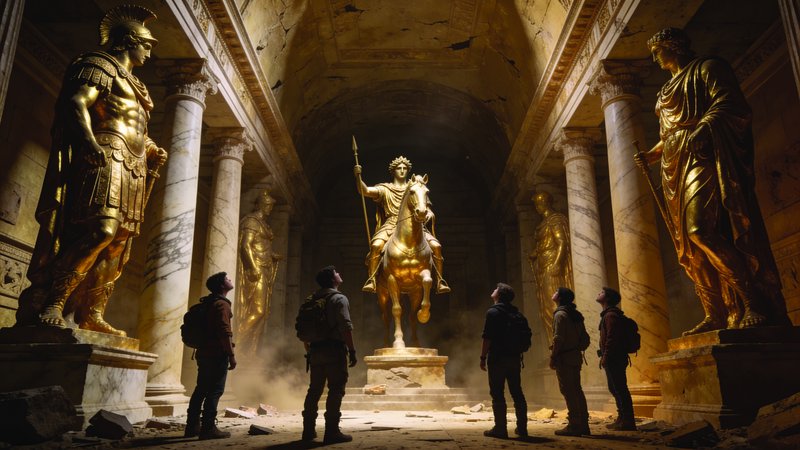 Gold equestrian statue in a ruined marble hall, flanked by towering gilded figures.