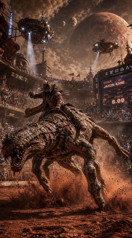 Cowboy rider competes on a thrashing alien beast in a packed dusty interplanetary rodeo arena