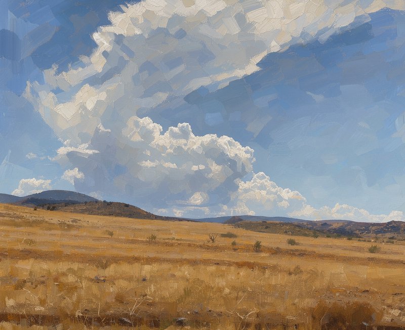Impressionist oil painting of arid high desert plains under billowing cumulus clouds and bright b...