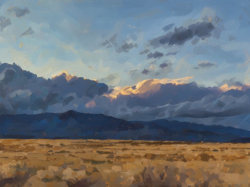 Plein air oil painting of arid desert plain, distant mountains, and sunlit storm clouds at golden...