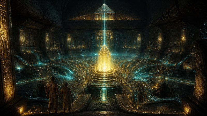 Two robed ancient guardians stand at the threshold of a vast glowing subterranean temple centered...